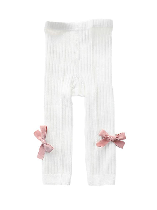 White Ribbon Bow Ribbed Footless Girls Tights/ Leggings - Stylemykid.com