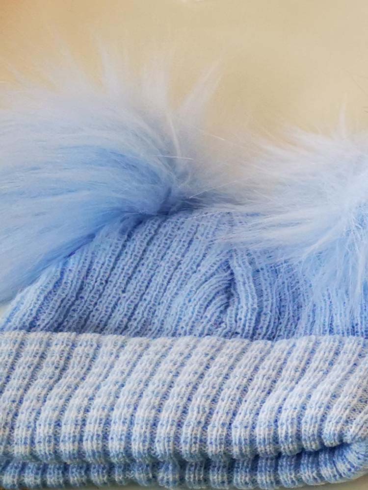 Blue & White Double Pom Pom Baby Hat - 0-3 Months - Stylemykid.com