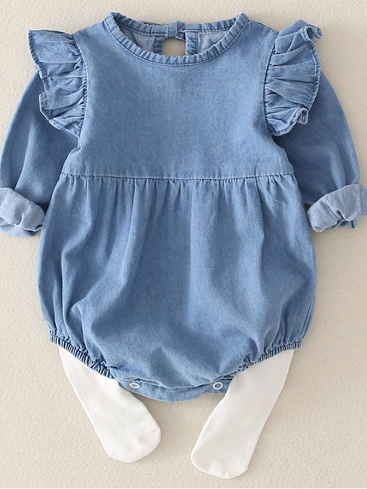 Soft Denim Blue Frill Long Sleeve Baby Romper - Stylemykid.com