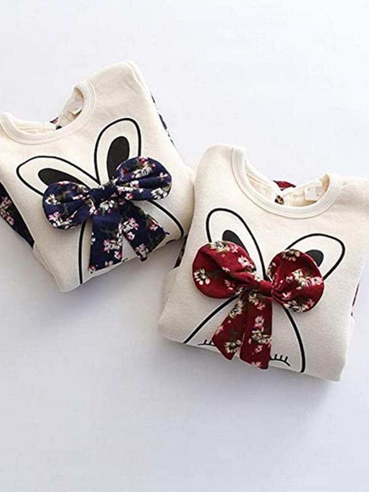 Bunny Bow Long Sleeve Top and Flared Flower Skirt Girls Dress - Cream & Dark Blue - Stylemykid.com