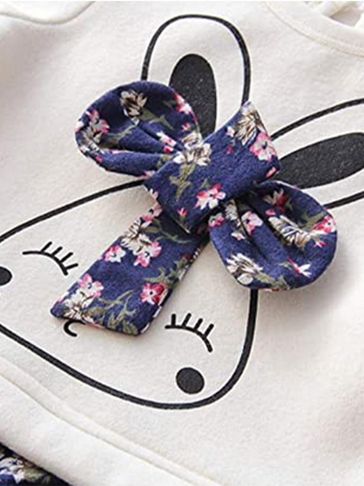 Bunny Bow Long Sleeve Top and Flared Flower Skirt Girls Dress - Cream & Dark Blue - Stylemykid.com