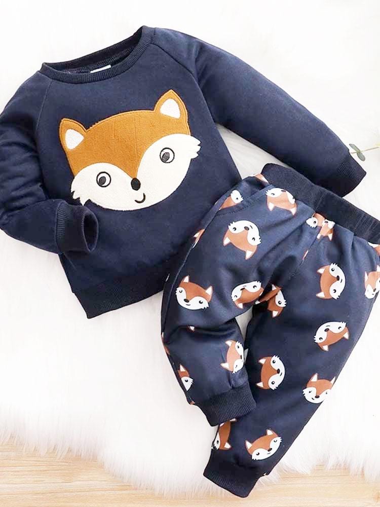 Dark Blue Baby & Toddler Fox Face Sweater & Bottoms - 2 Piece Outfit - 3 to 12M - Stylemykid.com