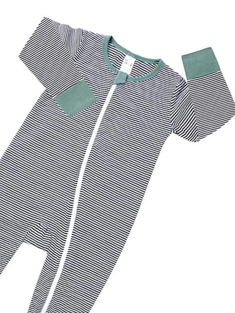 Green Monochrome Stripes Baby Zip Sleepsuit with Hand & Feet Cuffs - Stylemykid.com