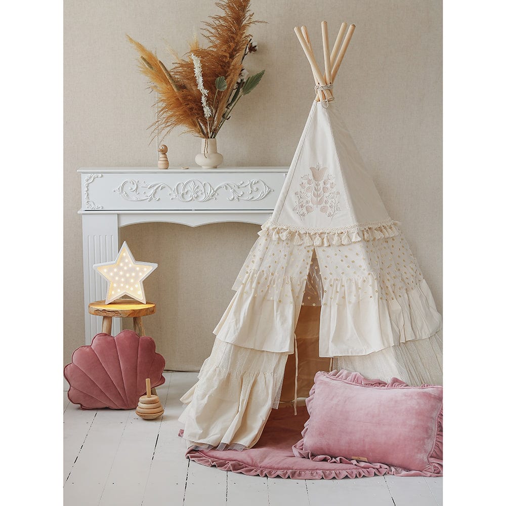 Boho Teepee With Frills And Round Mat With Glitter Frills Set - Caramel - Stylemykid.com
