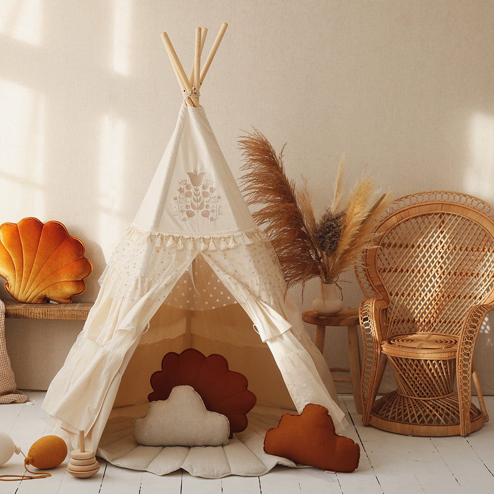 Boho Teepee With Frills And Round Mat With Glitter Frills Set - Caramel - Stylemykid.com