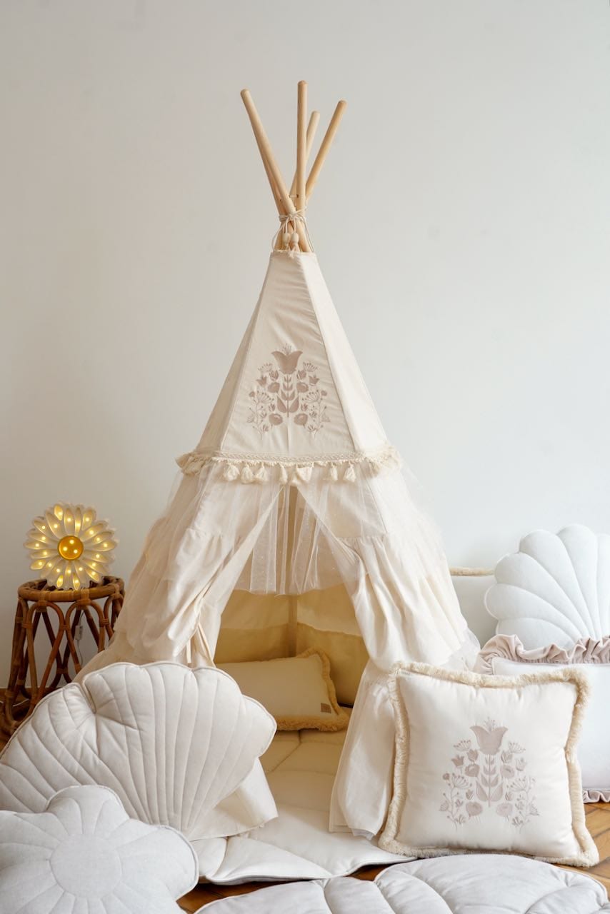 Boho Teepee With Glitter Frills And Embroidery - Beige - Stylemykid.com