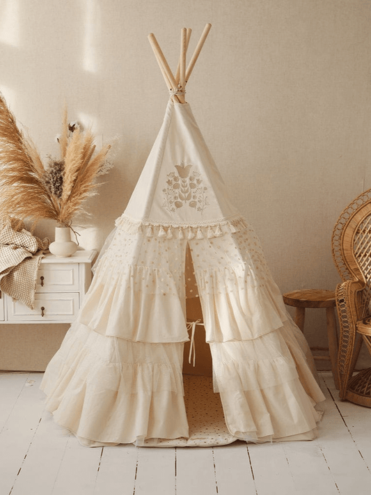 Boho Teepee With Frills And Round Mat With Glitter Frills Set - Caramel - Stylemykid.com