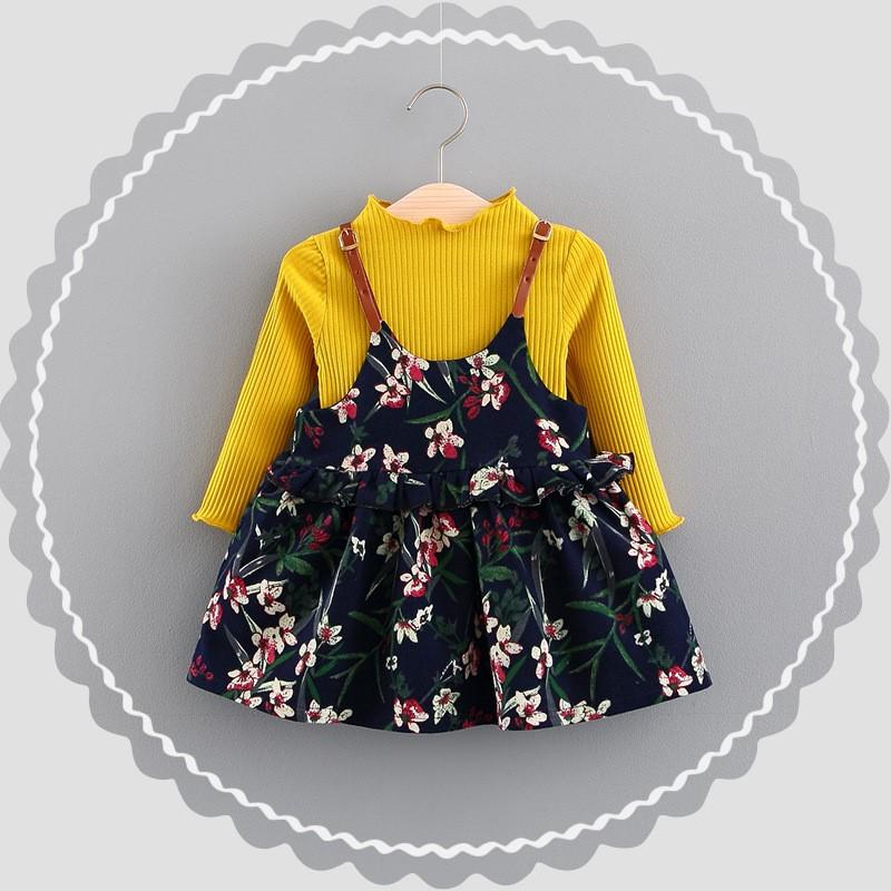 Floral Pinafore Girls Dress and Ribbed Long Sleeve Top - Navy and Yellow - Stylemykid.com