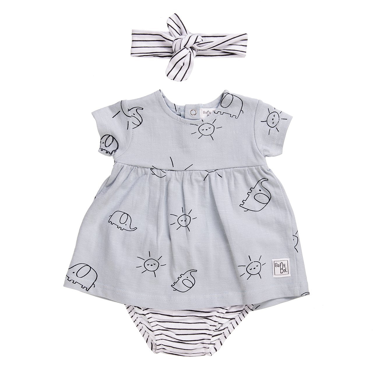 Babybol - Sunshine and Elephants Dress, Knickers & Headband Baby 3 Piece Outfit 12 to 24 Months - Stylemykid.com