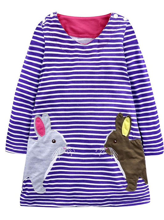 Bunny Friends - Purple & White Striped Girls Dress with Bunny Appliqué Details - Stylemykid.com