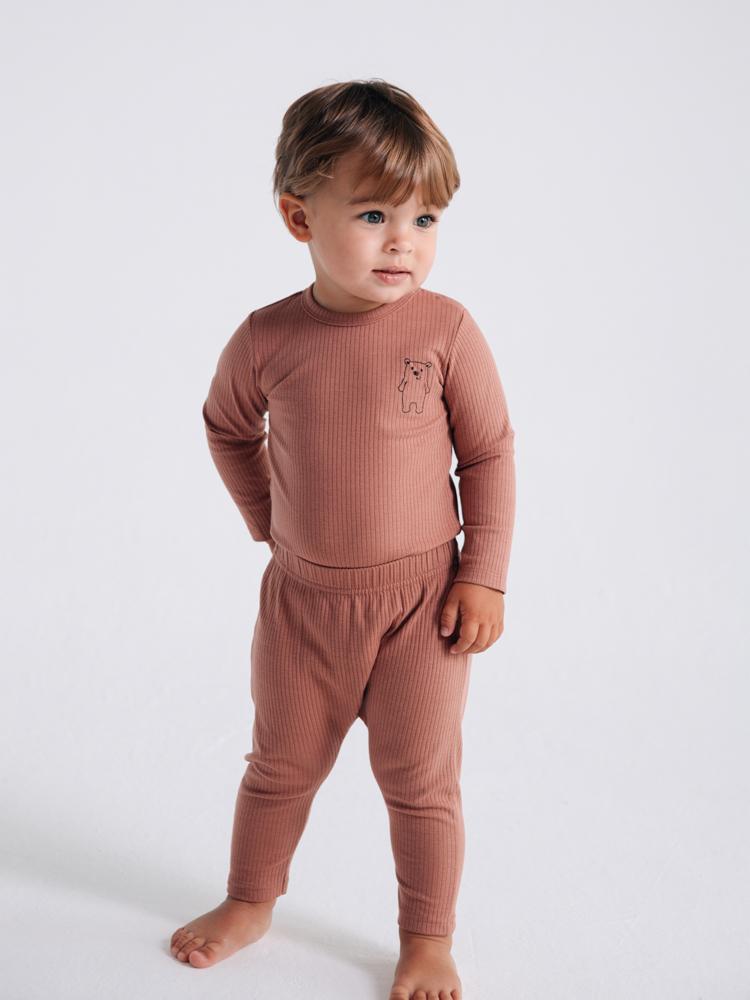 Artie - Ribbed Chestnut Baby Bodysuit With Bear Embroidery - From 0 to 18 Months - Stylemykid.com