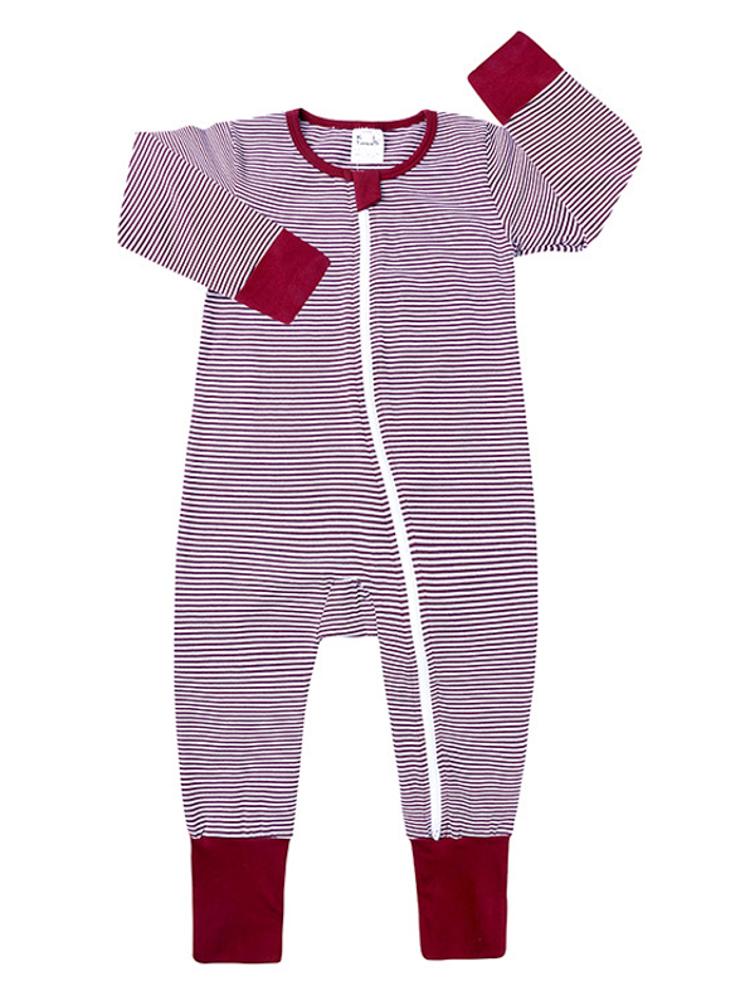 Maroon and White Stripes Baby Zip Sleepsuit with Hand & Feet Cuffs - Stylemykid.com