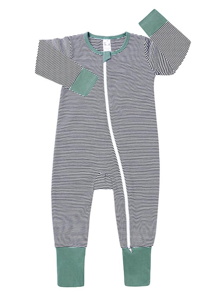 Green Monochrome Stripes Baby Zip Sleepsuit with Hand & Feet Cuffs - Stylemykid.com