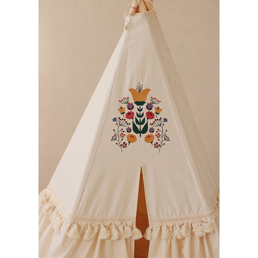 Teepee With Frills Folk - Beige With Colourful Embroidery - Stylemykid.com