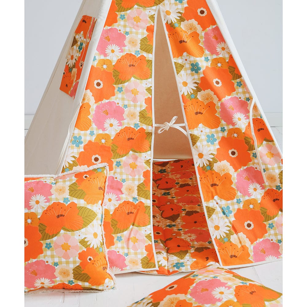 Picnic With Flowers Teepee Tent And Mat Set - Beige, Orange, Green - Stylemykid.com