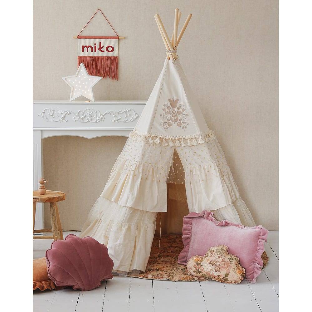 Boho Teepee Tent With Frills And Embroidery - Beige - Stylemykid.com