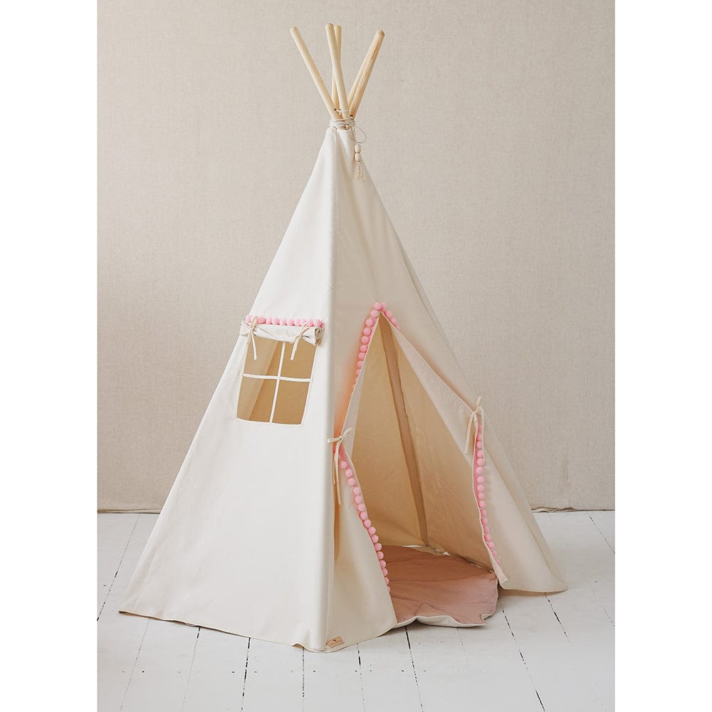 Fluffy Pompoms Teepee With Pompoms And Mat Set - Beige, Pink - Stylemykid.com
