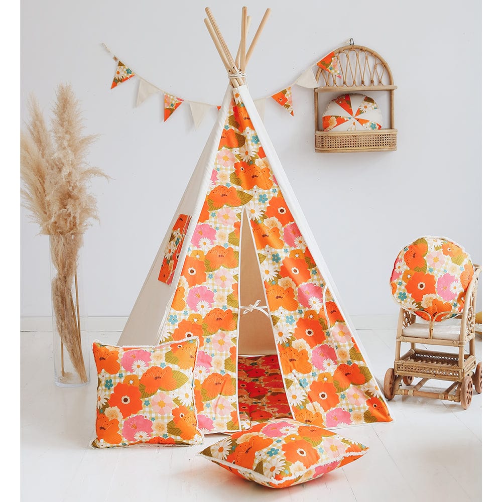 Picnic With Flowers Teepee Tent And Mat Set - Beige, Orange, Green - Stylemykid.com