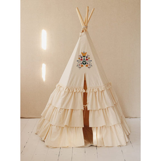 Teepee With Frills Folk - Beige With Colourful Embroidery - Stylemykid.com