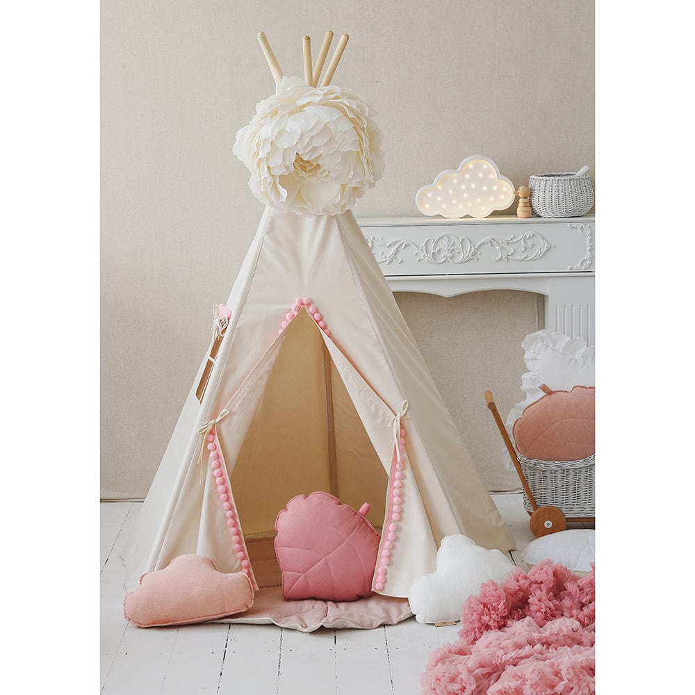 Fluffy Pompoms Teepee With Pompoms And Mat Set - Beige, Pink - Stylemykid.com