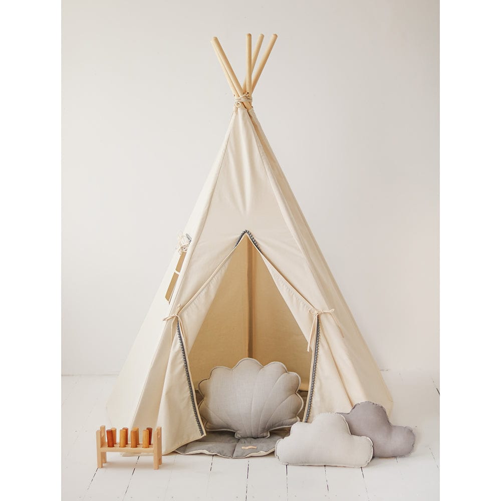 Grey Pompoms Teepee And Mat Set - Beige, Grey - Stylemykid.com