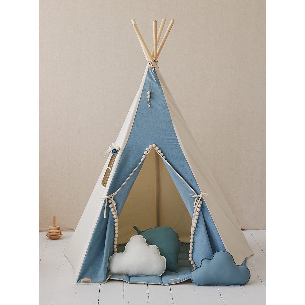 Jeans Teepee Tent With Pompoms - Blue - Stylemykid.com
