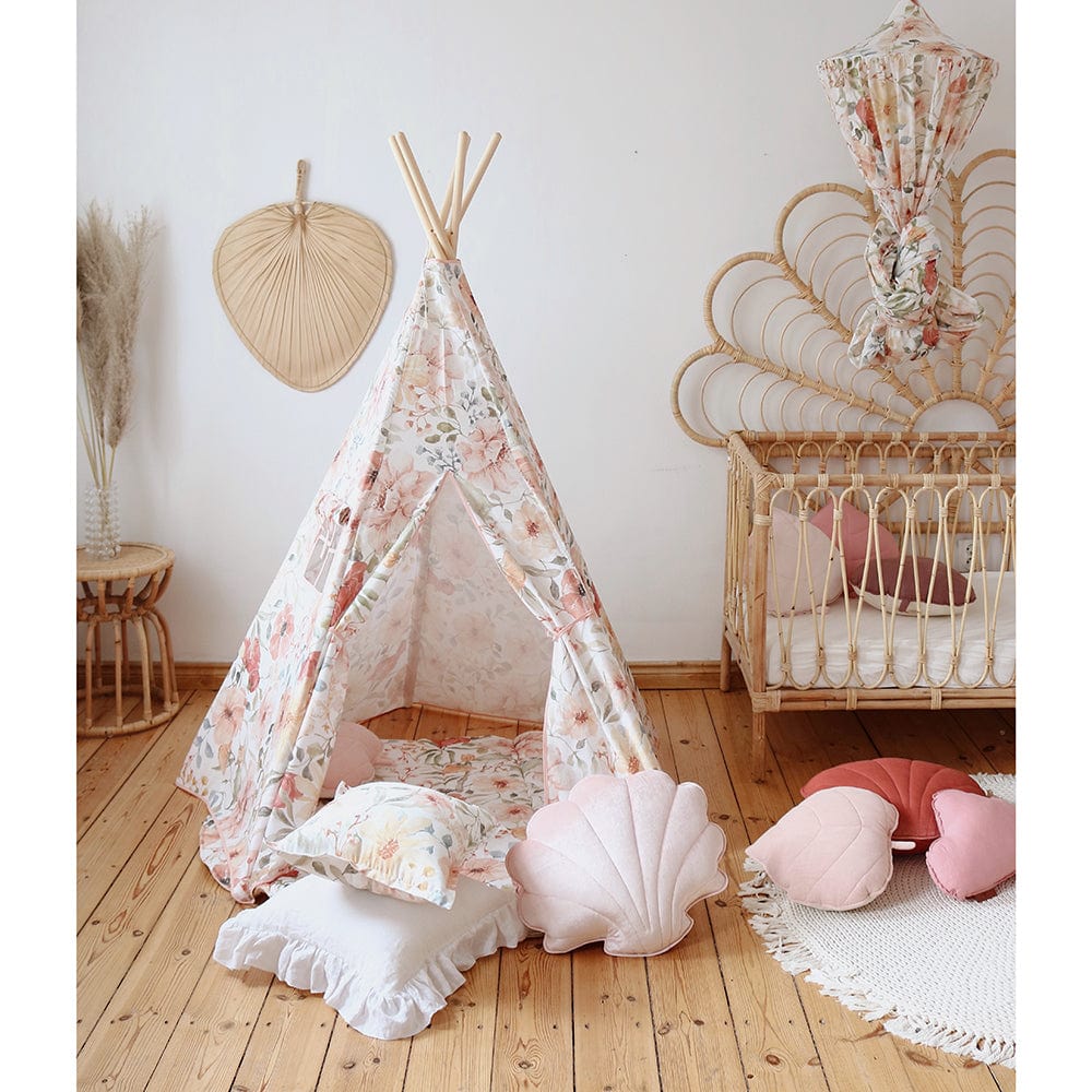 Flower Power Teepee And Mat Set - Beige, Red, Green, Orange - Stylemykid.com