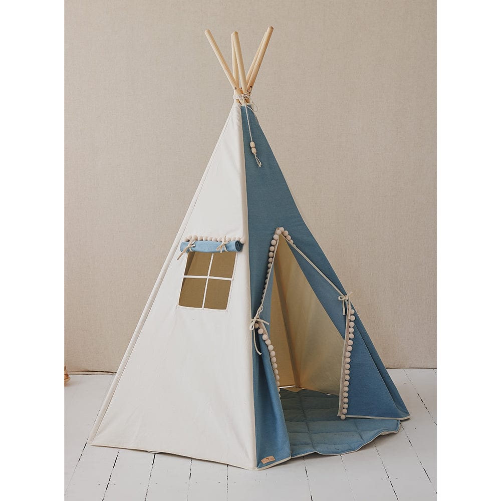 Jeans Teepee Tent With Pompoms - Blue - Stylemykid.com