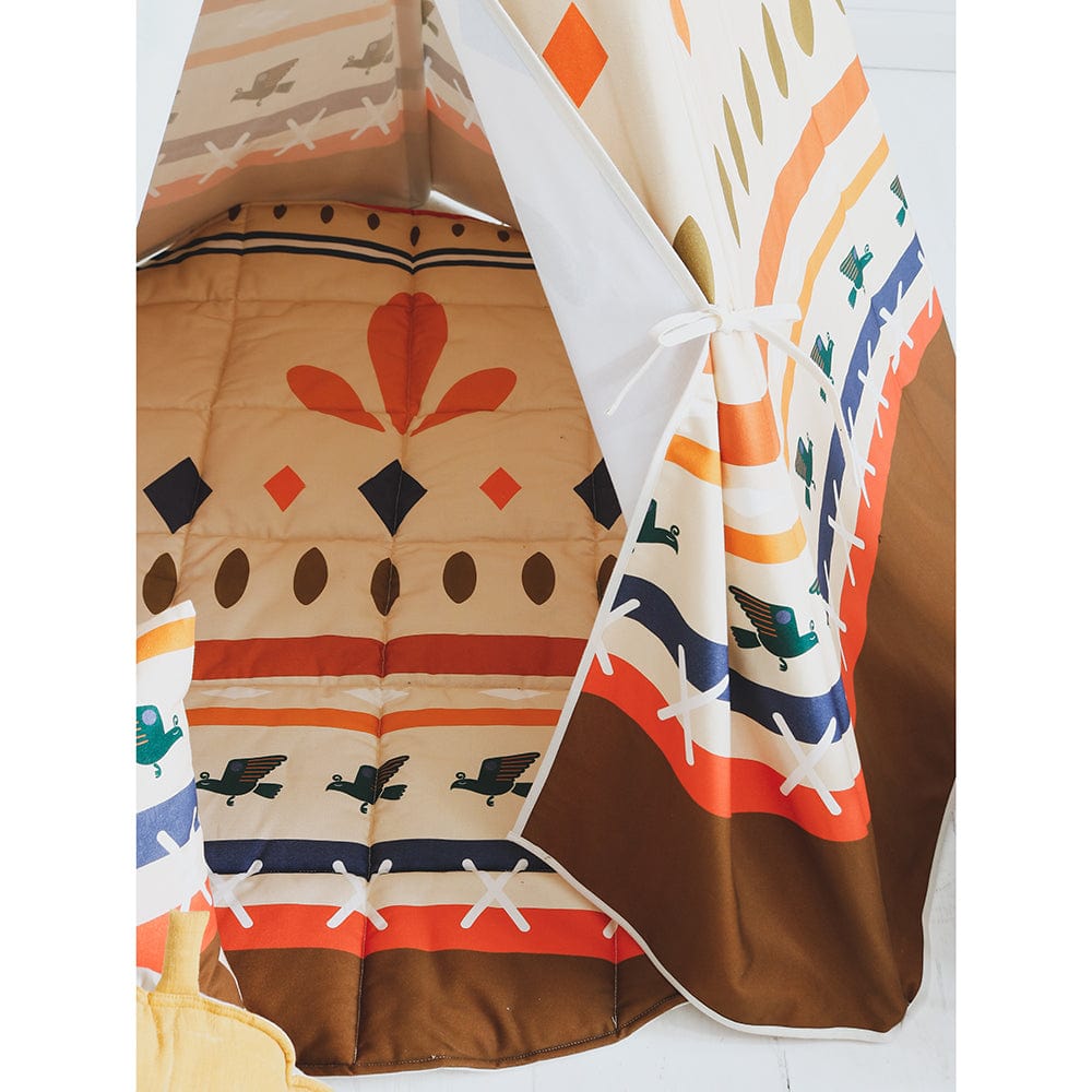Native Vibe Teepee Tent And Mat Set - Beige, Brown, Orange, Blue - Stylemykid.com
