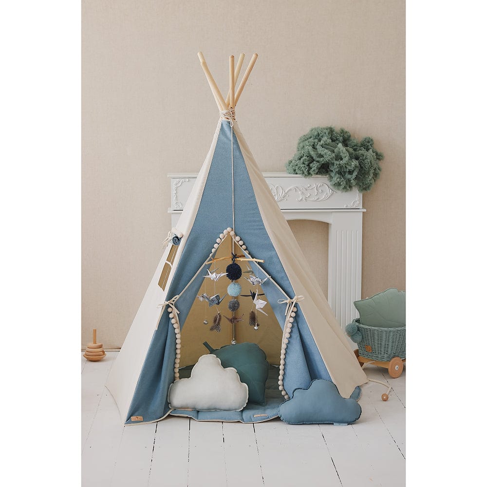 Jeans Teepee With Pompoms And Mat Set - Blue - Stylemykid.com