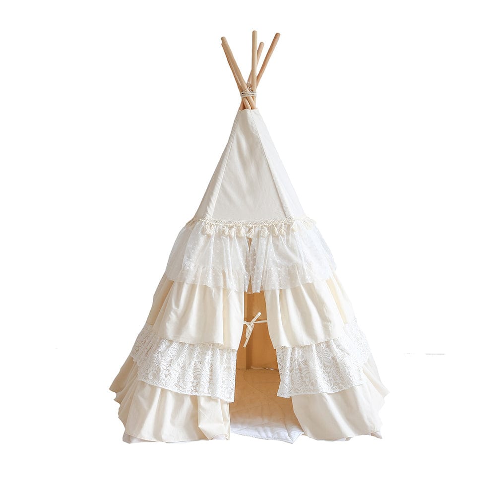Shabby Chic Teepee With Frills And Linen Leaf Mat White - Beige, White - Stylemykid.com