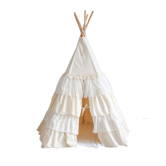 Shabby Chic Teepee With Frills And Linen Leaf Mat White - Beige, White - Stylemykid.com