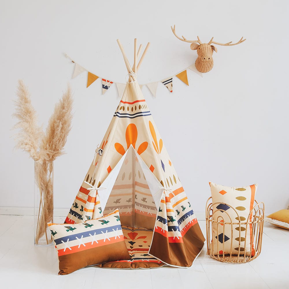 Native Vibe Teepee Tent And Mat Set - Beige, Brown, Orange, Blue - Stylemykid.com