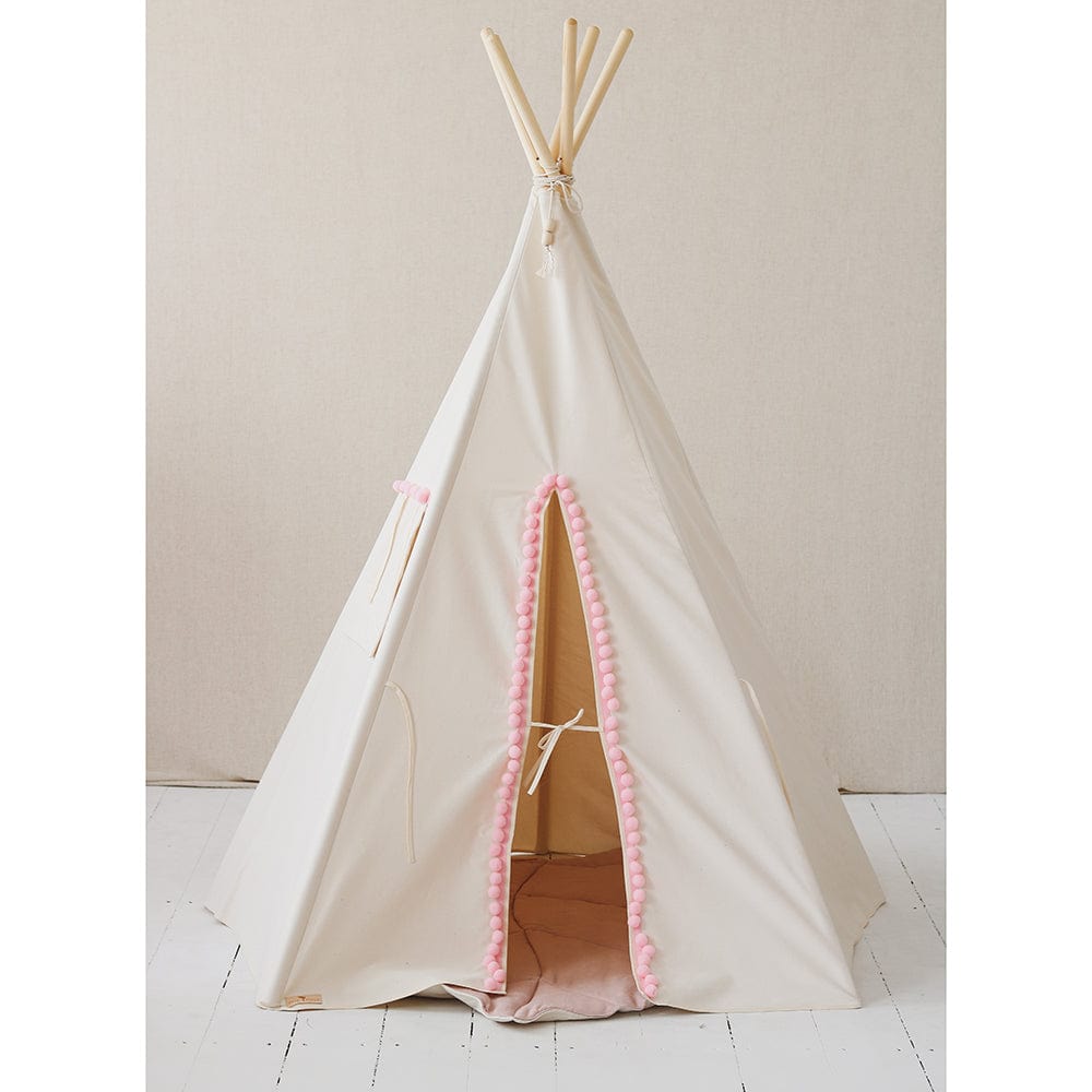 Fluffy Pompoms Teepee Tent With Pompoms - Beige, Pink - Stylemykid.com