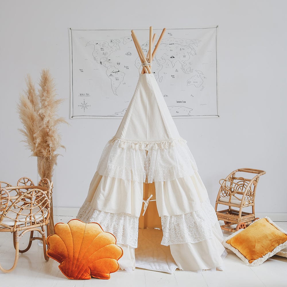 Shabby Chic Teepee With Frills And Linen Leaf Mat White - Beige, White - Stylemykid.com