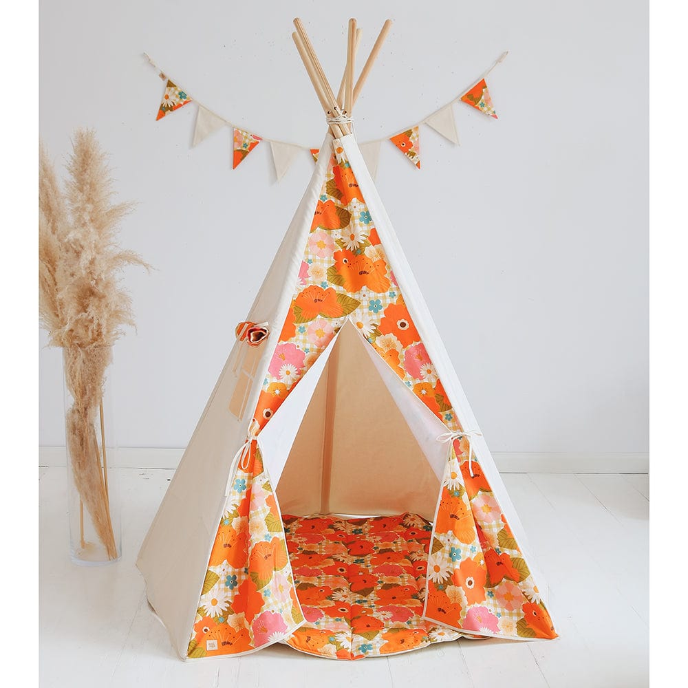 Picnic With Flowers Teepee Tent And Mat Set - Beige, Orange, Green - Stylemykid.com
