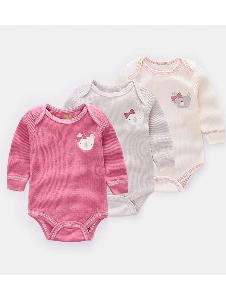 Triple Pack Long Sleeve Pinks Teddy Bear Baby Bodysuit - Stylemykid.com