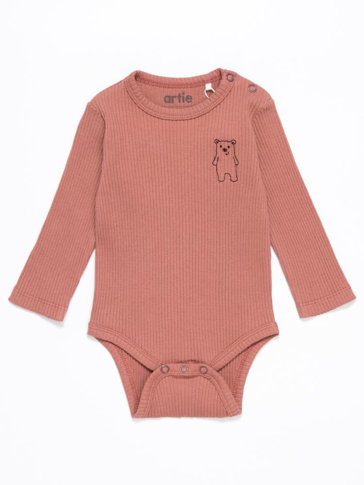Artie - Ribbed Chestnut Baby Bodysuit With Bear Embroidery - From 0 to 18 Months - Stylemykid.com
