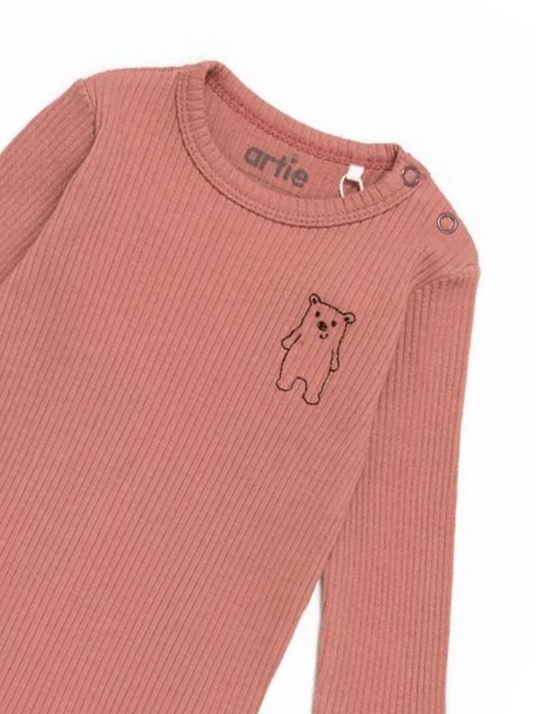 Artie - Ribbed Chestnut Baby Bodysuit With Bear Embroidery - From 0 to 18 Months - Stylemykid.com