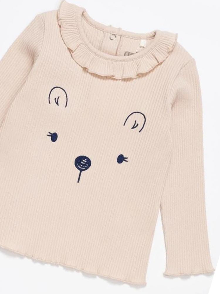 Artie - Princess Bear - Ribbed Pale Pink Long Sleeve Embroidered Top with Ruffled Neck from 12M to 4Y - Stylemykid.com