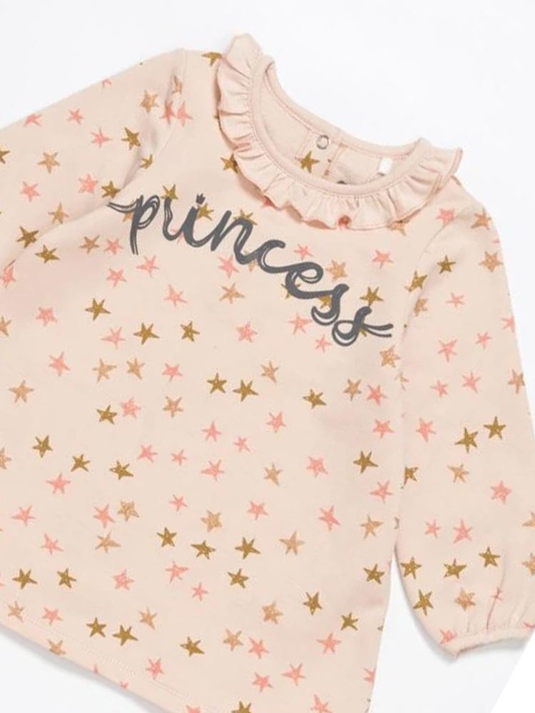 Artie - Princess Bear Starry Pale Pink Girls French Terry Dress with Ruffled Neck - Stylemykid.com