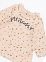 Artie - Princess Bear Starry Pale Pink Girls French Terry Dress with Ruffled Neck - Stylemykid.com