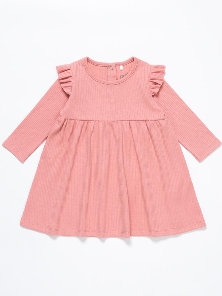 Artie - Pink Girls Ribbed Dress with Ruffles - Rose Forest 12 to 24 Months - Stylemykid.com