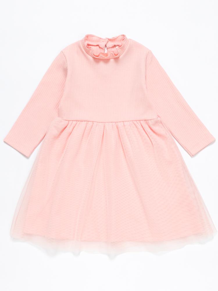 Artie - Pale Pink Ribbed Dress with Tuelle Skirt & Ruffle Neck 12 to 24 months - Stylemykid.com