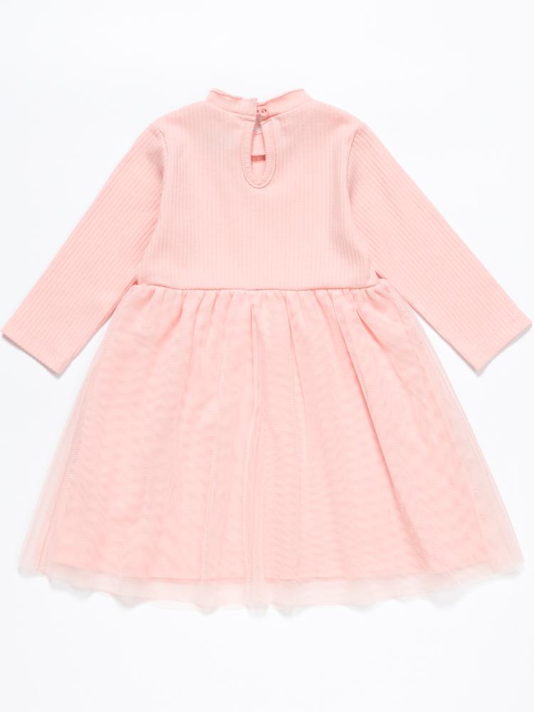 Artie - Pale Pink Ribbed Dress with Tuelle Skirt & Ruffle Neck 12 to 24 months - Stylemykid.com