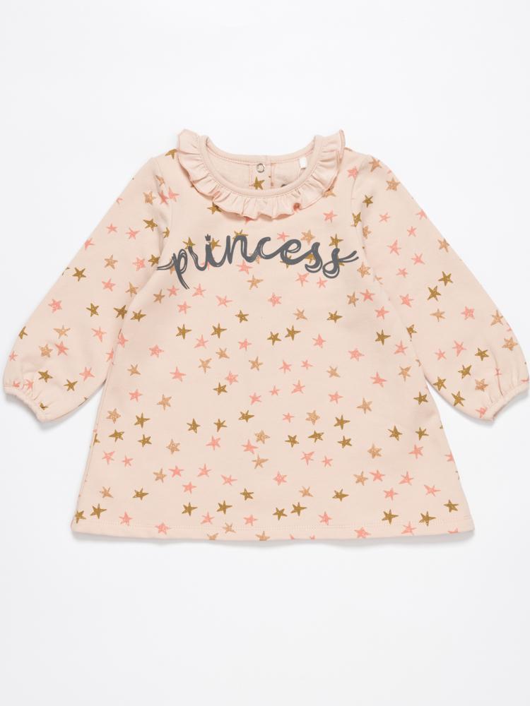 Artie - Princess Bear Starry Pale Pink Girls French Terry Dress with Ruffled Neck - Stylemykid.com