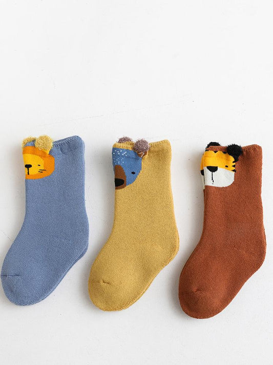 Kids Animal Ankle Socks 3 Pack - Lion Tiger Bear - Blue Beige Brown - Stylemykid.com