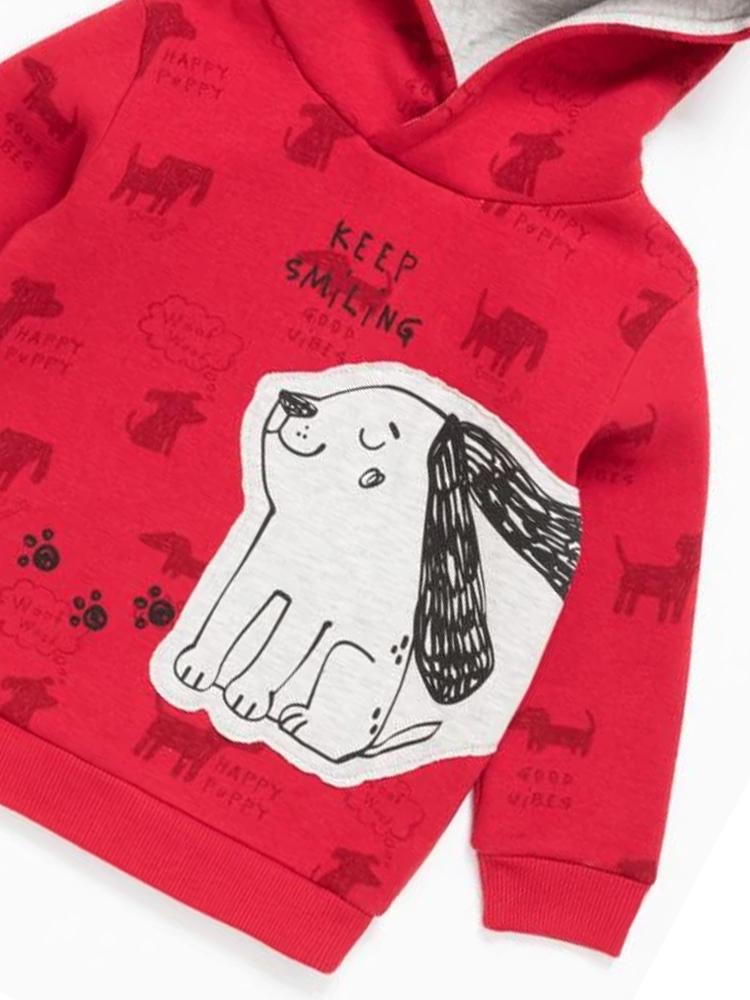 Artie - Happy Puppy Red French Terry Hoodie Top with Puppy Patch From 12 M to 4Y - Stylemykid.com