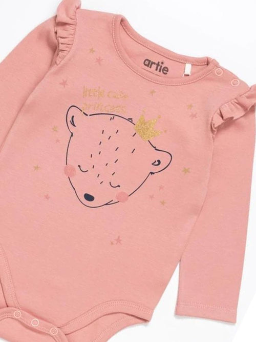 Artie - Baby Girl Pink Interlock Bodysuit with Ruffles & Gold details - Princess Bear - Stylemykid.com