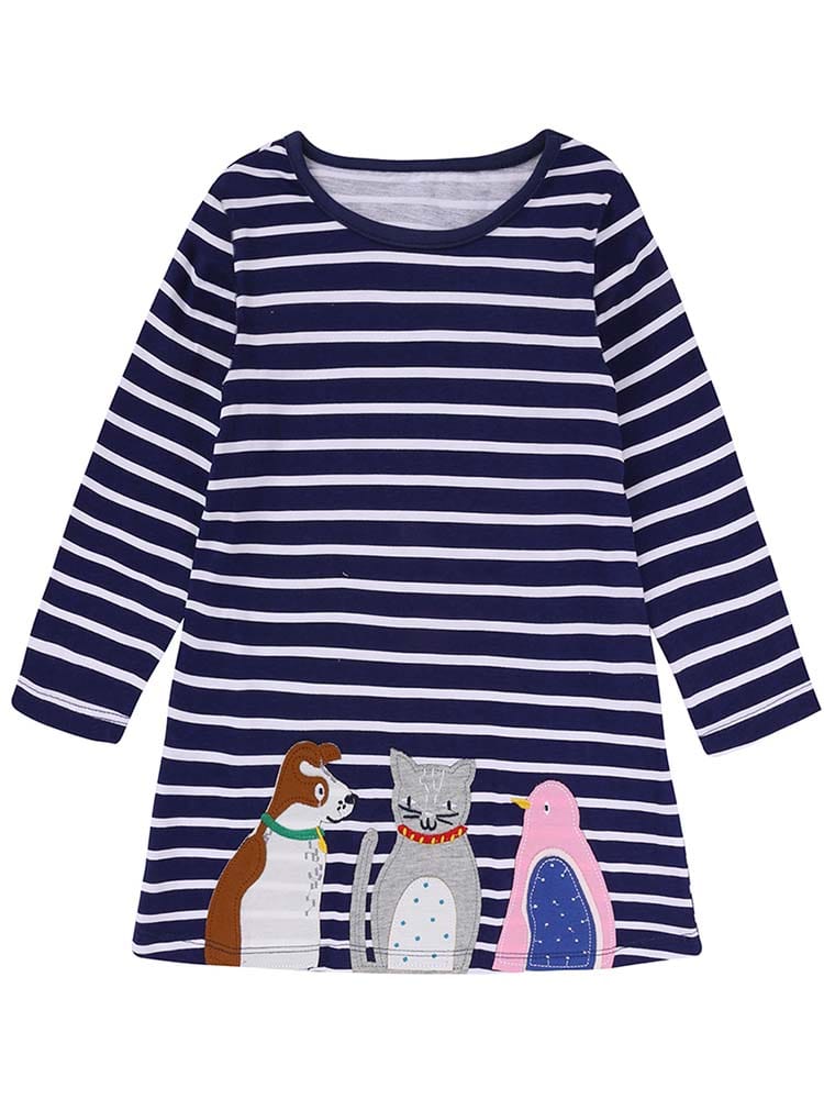 Animal Friends - Navy & White Striped Girls Dress with Cat, Dog and Bird Applique Details - Stylemykid.com